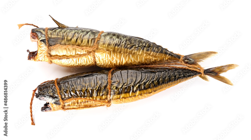 Tasty smoked mackerel fishes on white background