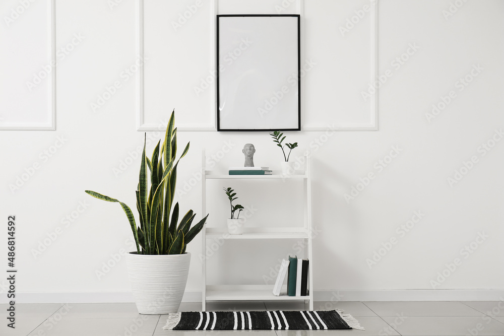 Shelving unit with books and houseplant near white wall