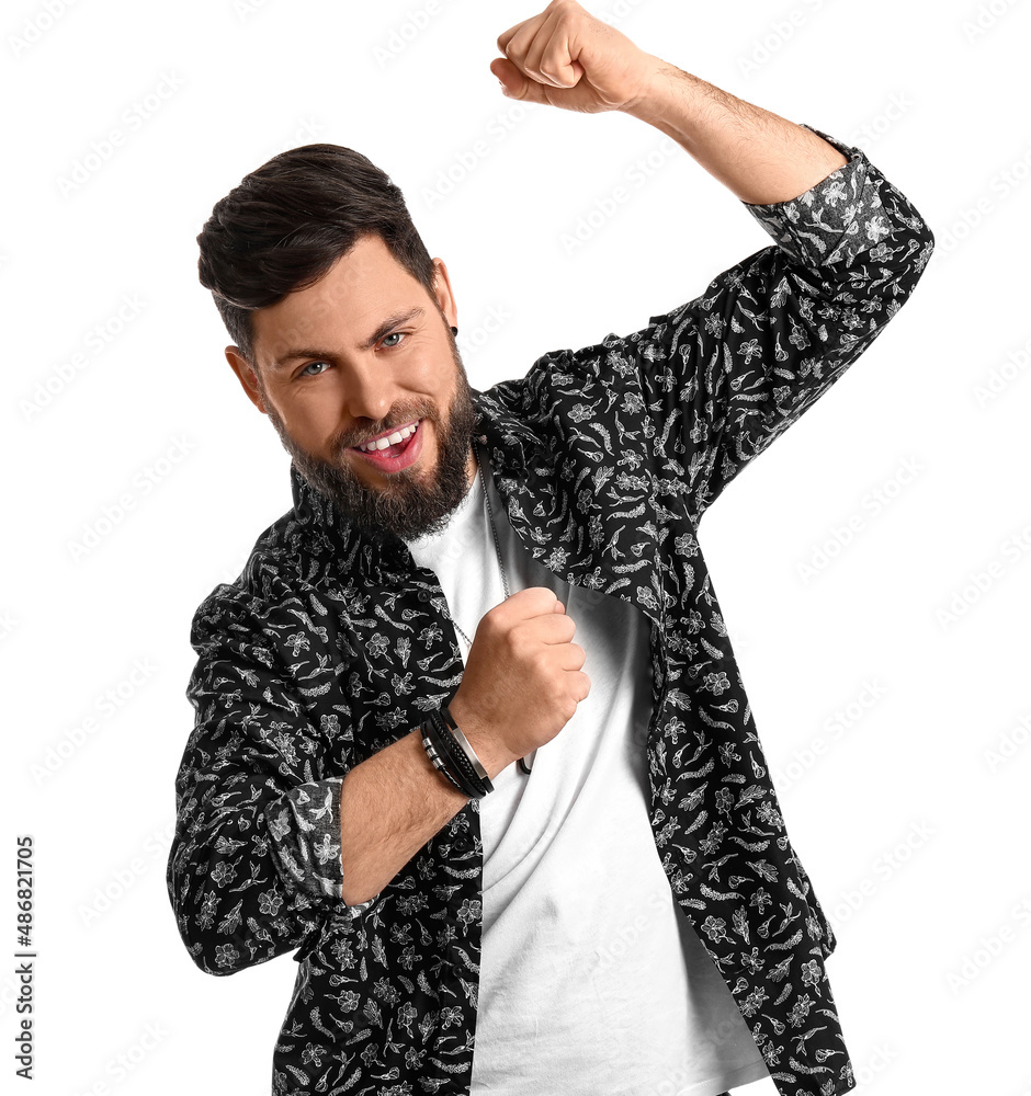 Stylish happy bearded man isolated on white