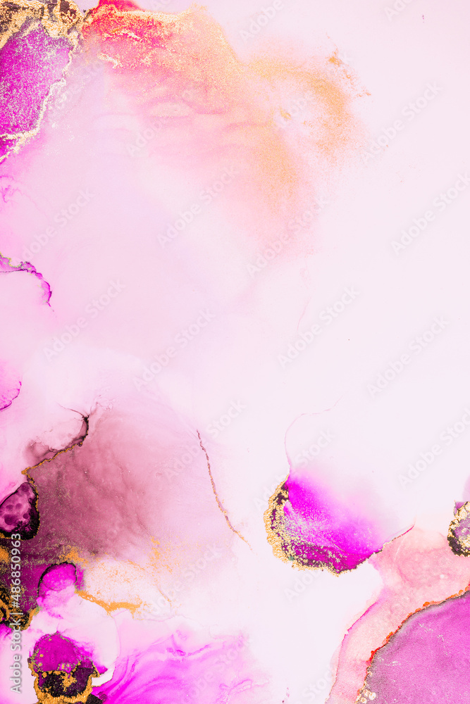 Pink gold abstract background of marble liquid ink art painting on paper . Image of original artwork