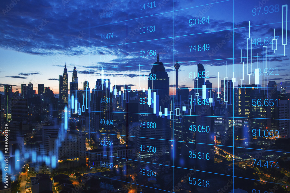 Abstract glowing forex chart grid and big data hologram on blurry night city background. Trade, tech