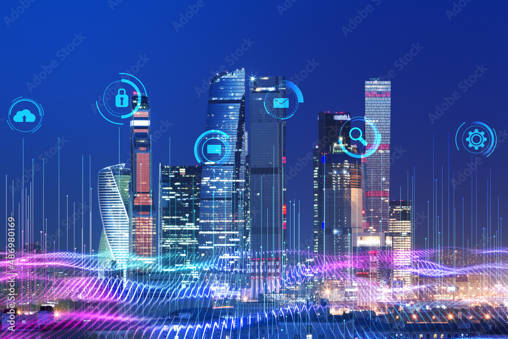 Smart city and digital transformation concept with digital glowing information and communication tec