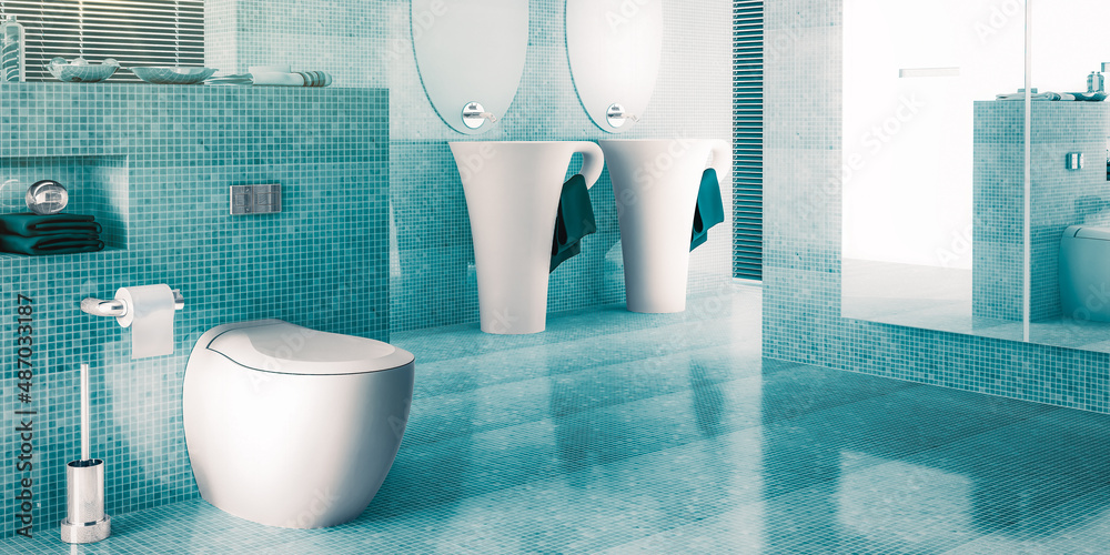 Contemporary Bathroom Arrangement in Ocean Blue - panoramic 3D Visalization