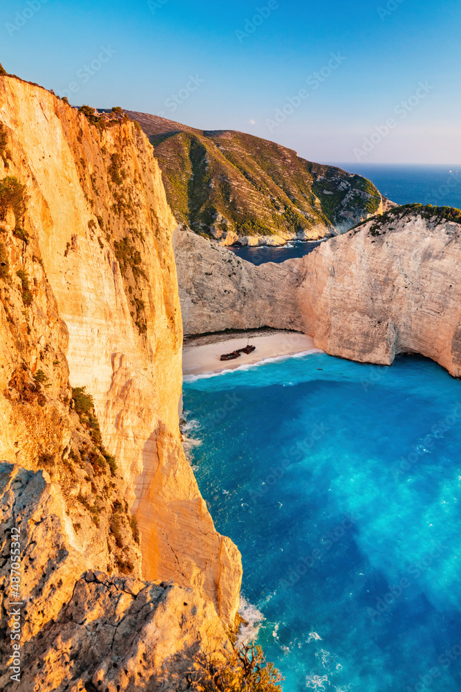 Navagio shipwreck beach în Zakynthos Greece at sunset