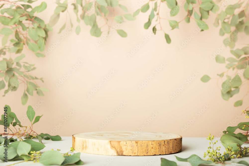 Wood slice podium on beige background for cosmetic product mockup