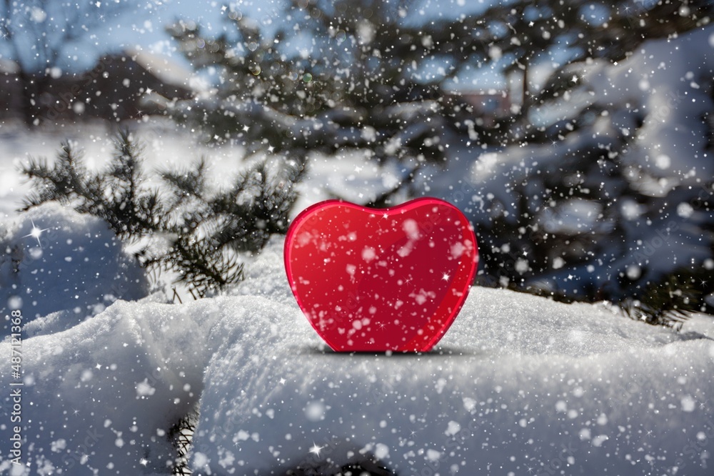 A heart on the snow, blurred forest trees background.Valentine heart in winter forest,