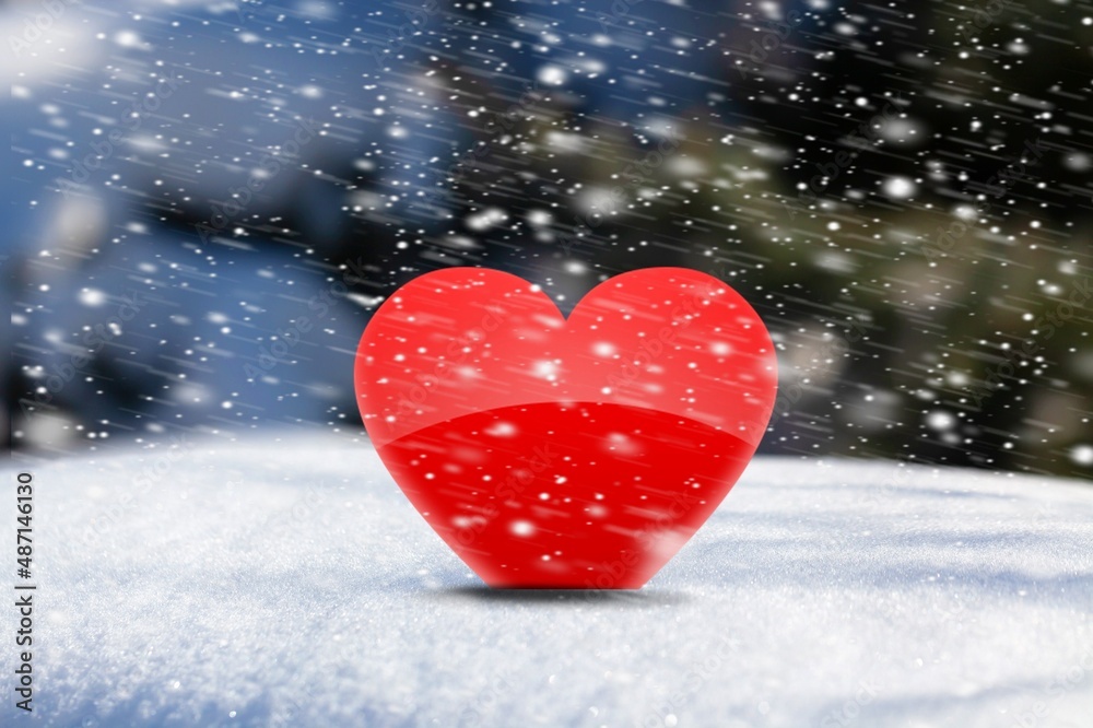 A heart on the snow, blurred forest trees background.Valentine heart in winter forest,