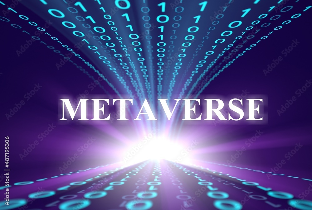 屏幕上的二进制代码和中间的Metaverse单词，新的分散互联网