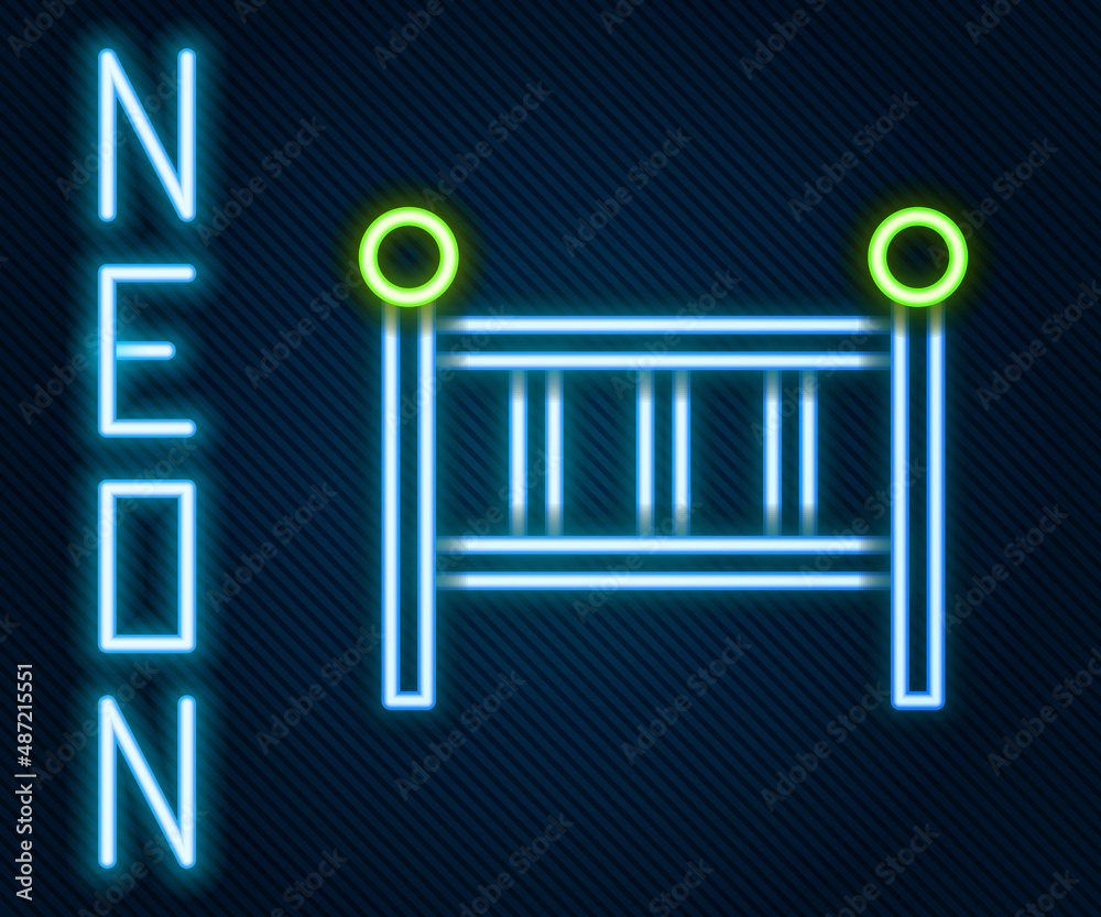 Glowing neon line Baby crib cradle bed icon isolated on black background. Colorful outline concept. 