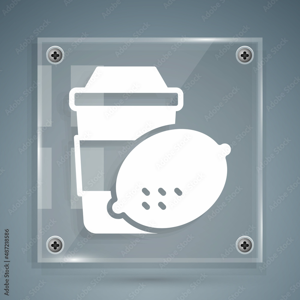 White Cup of tea with lemon icon isolated on grey background. Square glass panels. Vector