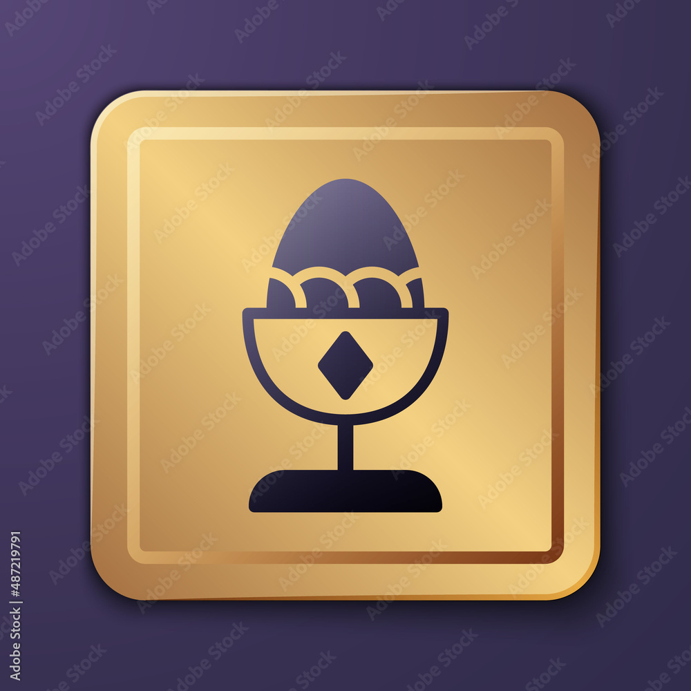 Purple Chicken egg on a stand icon isolated on purple background. Gold square button. Vector