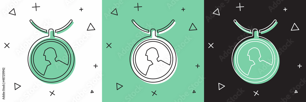 Set Locket on necklace icon isolated on white and green, black background. Vector