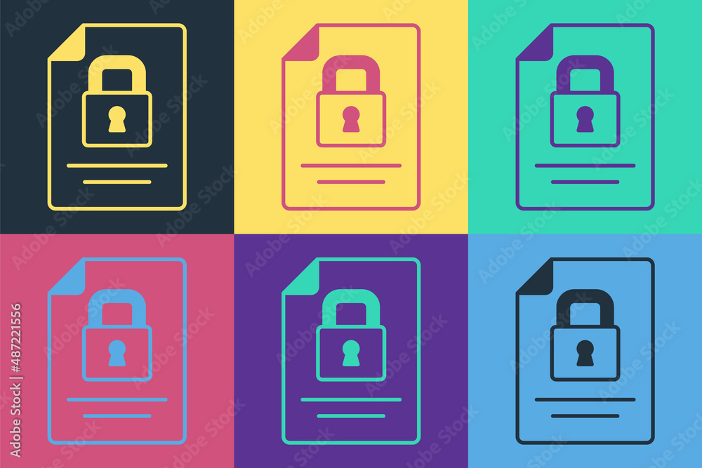 Pop art Document and lock icon isolated on color background. File format and padlock. Security, safe