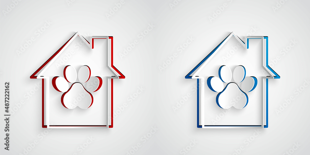 Paper cut Pet house icon isolated on grey background. Paper art style. Vector