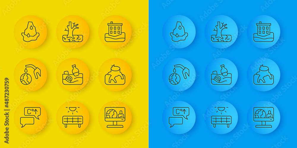 Set line Global warming, Gas pump nozzle and globe, Problem pollution of the ocean, Weather forecast