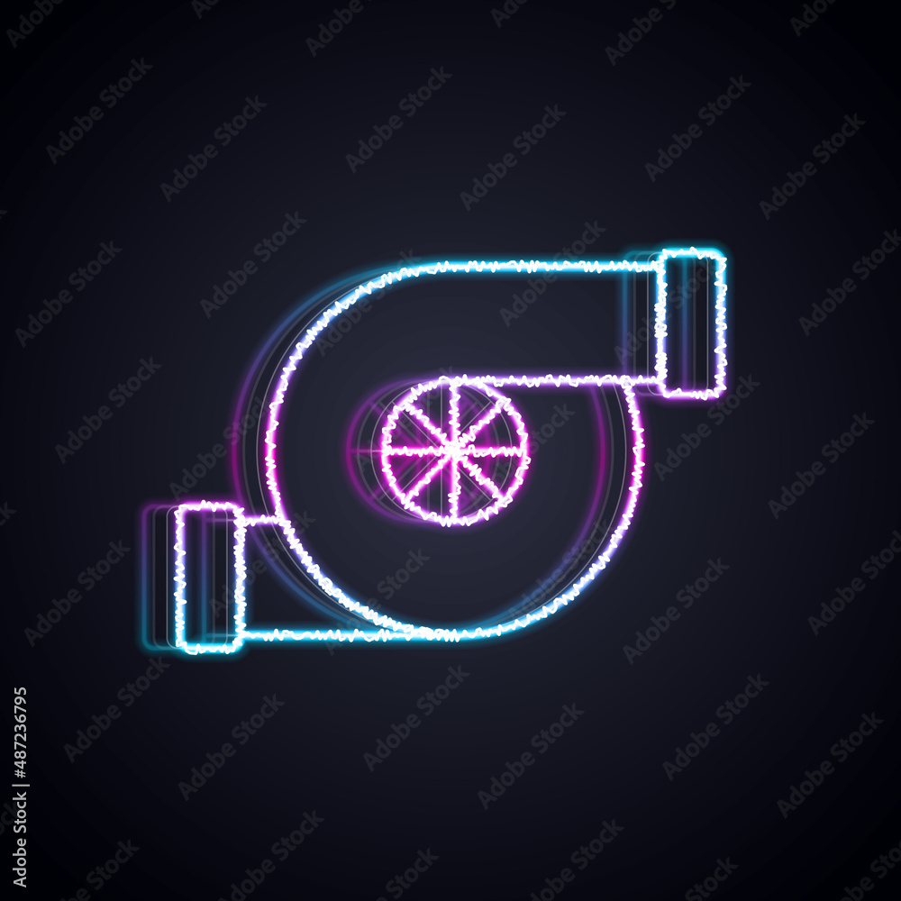 Glowing neon line Automotive turbocharger icon isolated on black background. Vehicle performance tur