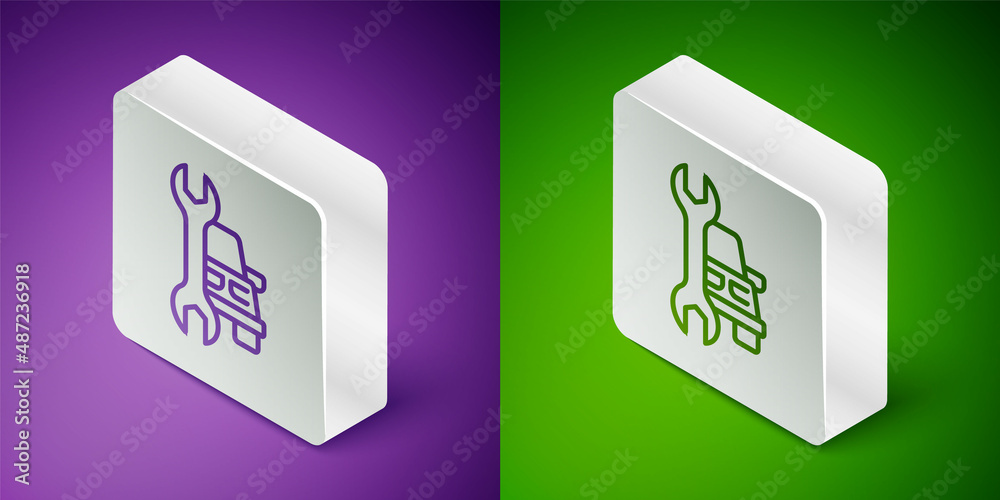 Isometric line Car service icon isolated on purple and green background. Auto mechanic service. Repa