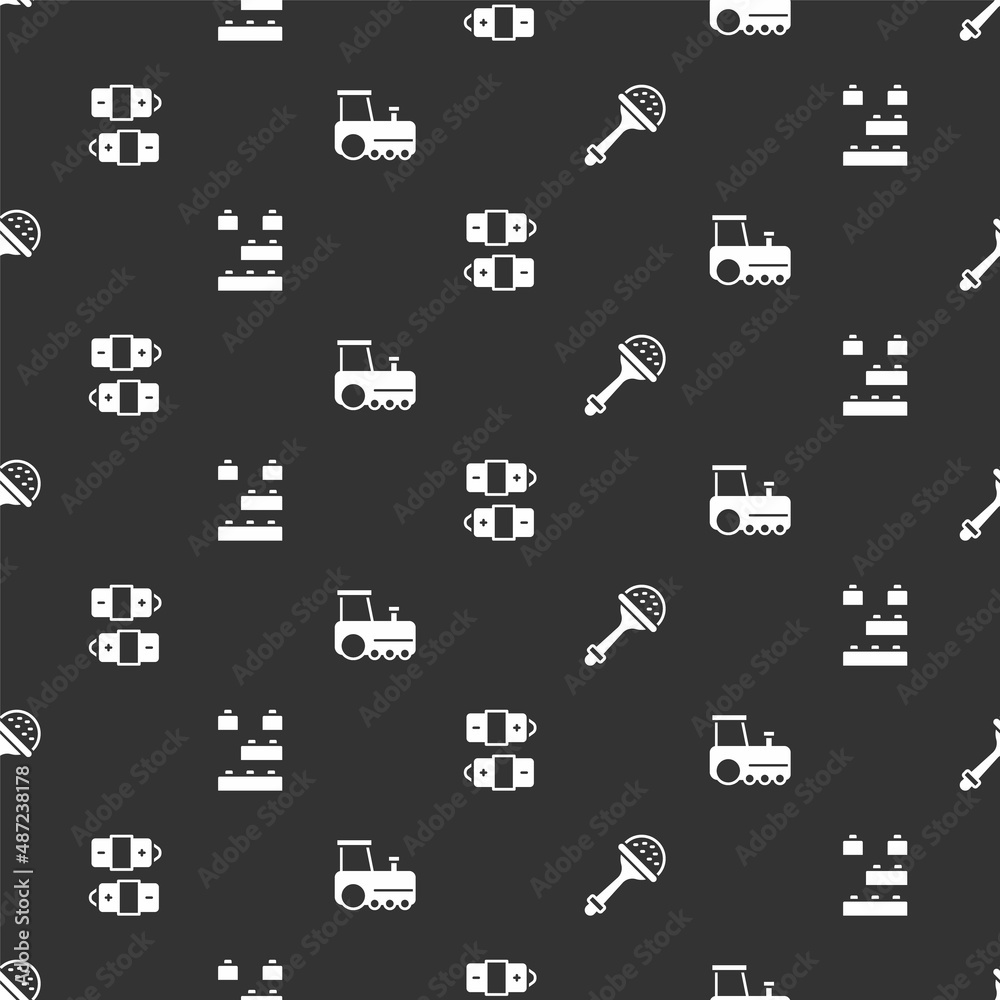 Set Rattle baby toy, Toy building block bricks, Battery and train on seamless pattern. Vector