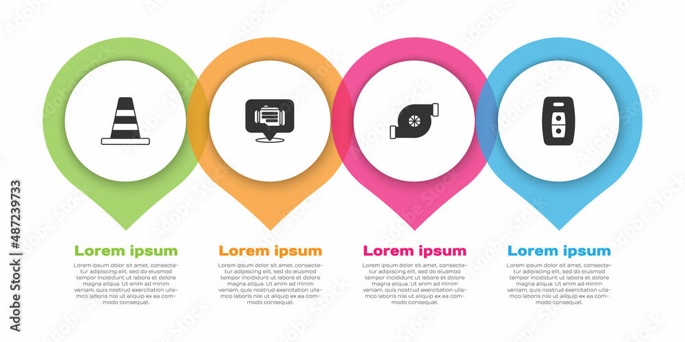 设置交通锥，检查发动机，汽车涡轮增压器和带遥控器的车钥匙。商业信息图