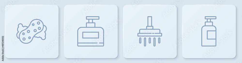设置线海绵、淋浴头、洗发水瓶和白色方形按钮。矢量