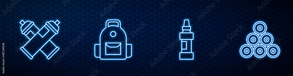 Set line Marker pen, Paint spray can, School backpack and . Glowing neon icon on brick wall. Vector