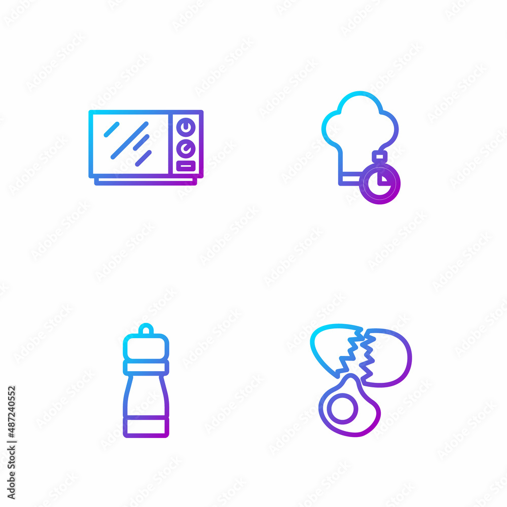 Set line Broken egg, Pepper, Microwave oven and Chef hat. Gradient color icons. Vector