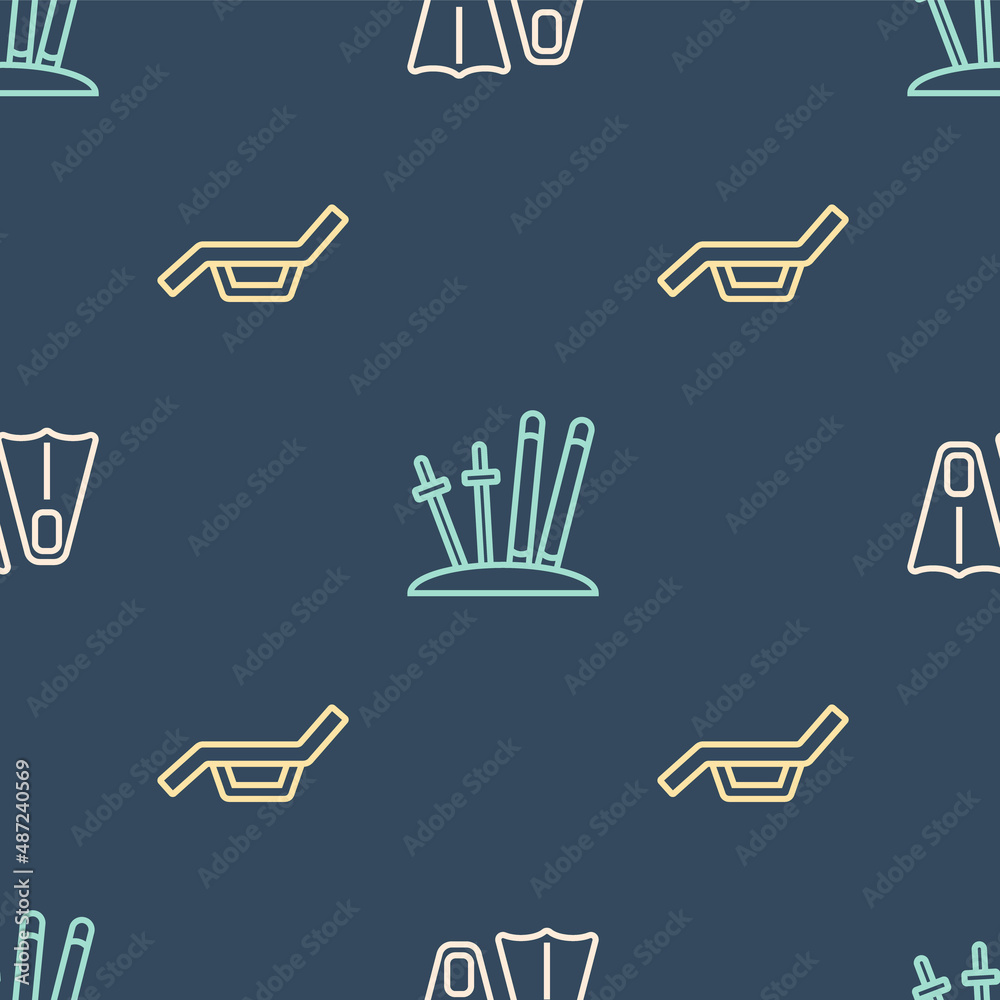 Set line Rubber flippers for swimming, Sunbed and umbrella and Ski sticks on seamless pattern. Vecto