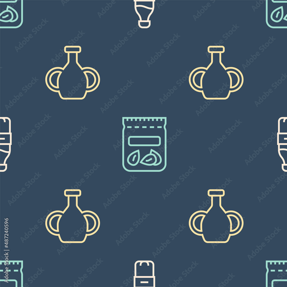 Set line Bottle of water, Vase and Pack full seeds plant on seamless pattern. Vector