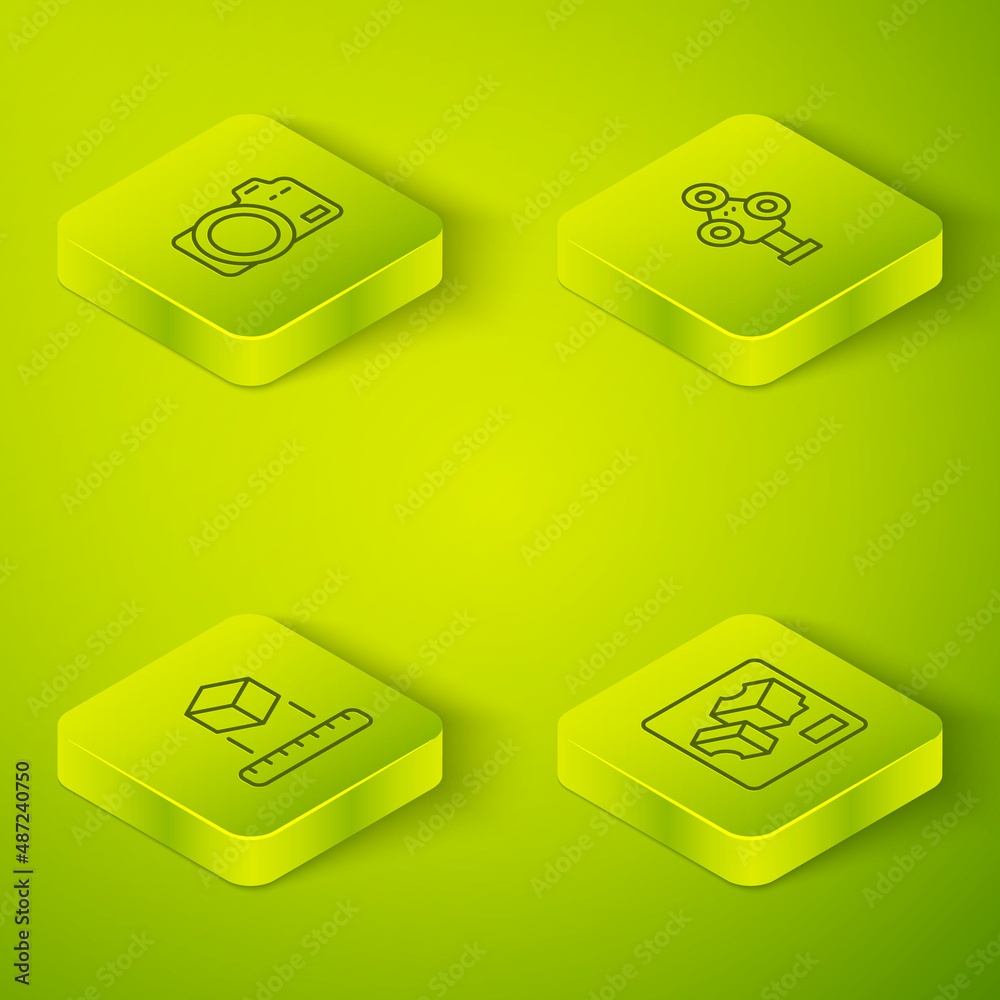 Set Isometric line 3D scanner, Isometric cube, printer and Photo camera icon. Vector