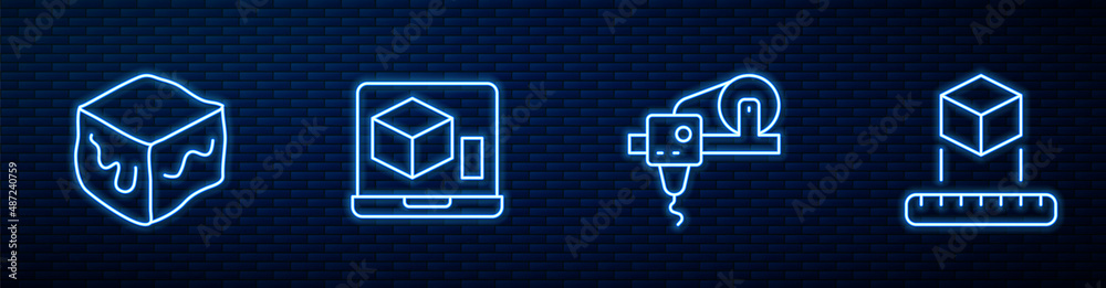 设置线条3D打印机、等角立方体和砖墙上的发光霓虹灯图标。矢量