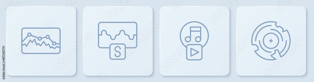 设置线路音乐波形均衡器，方形播放，乙烯基磁盘。白色方形按钮。矢量