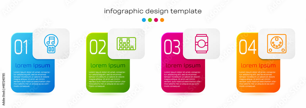 Set line Pause button, Music equalizer, Beer can and Drum machine. Business infographic template. Ve