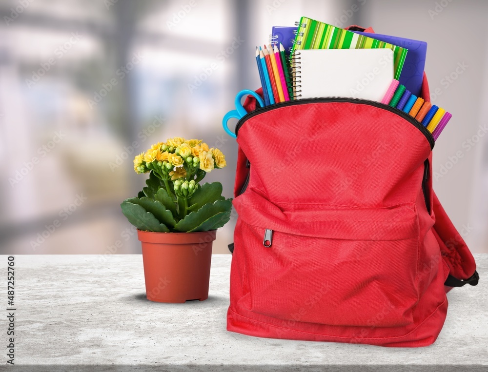 Bright backpack on table home. School supplies. Back to school concept. Educational design objects.