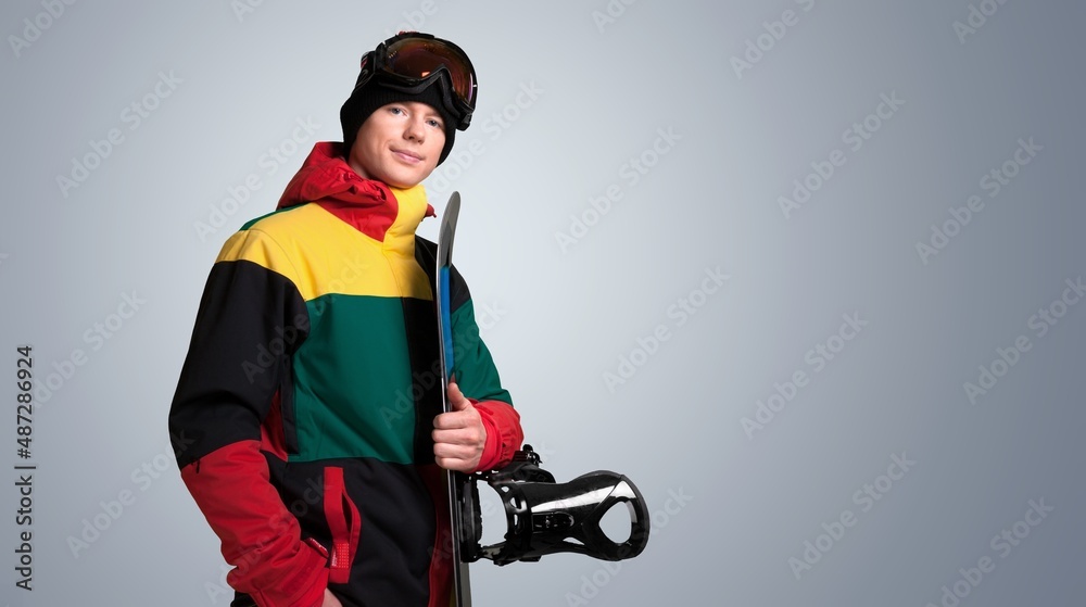 Skier cheerful satisfied happy sporty man wear warm windbreaker jacket