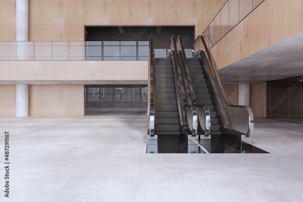 Luxury wooden and concrete empty shopping mall interior with escalator. Large public interiors conce