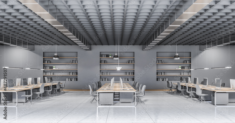 Contemporary concrete coworking office interior with multiple workplaces and bookcase shelves with b