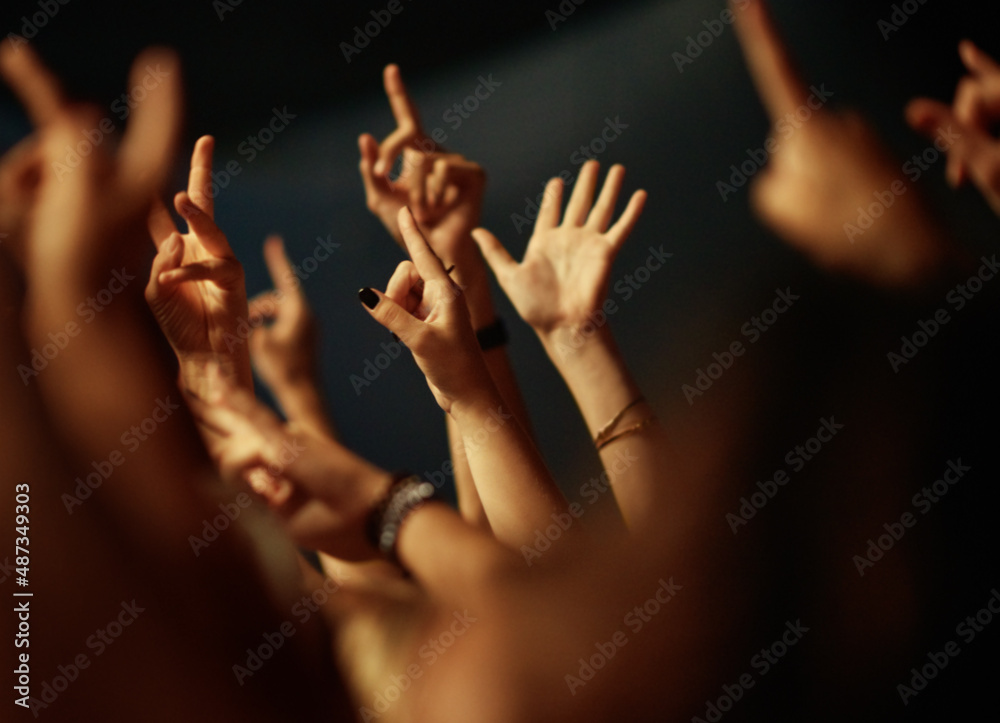 Feeling the music. A crowd of people raising their arms to the music.