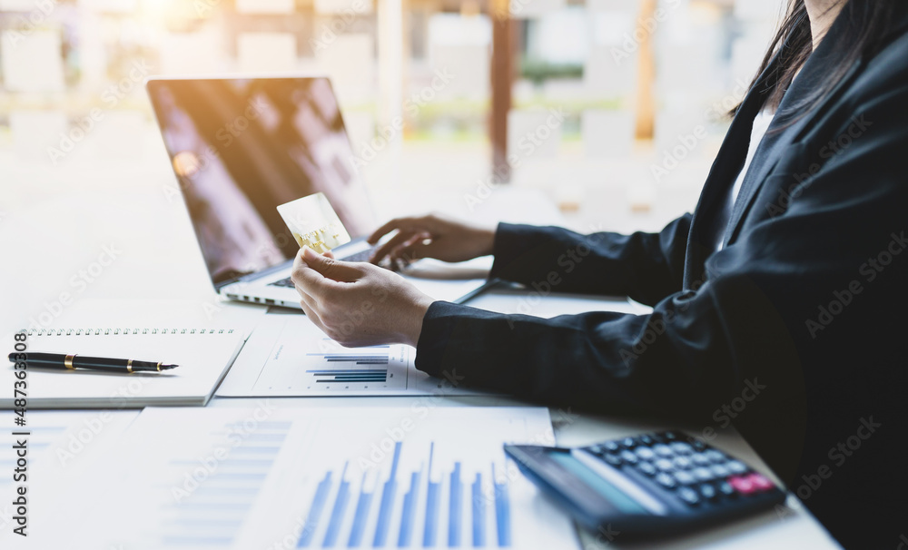 Accounting Concepts and Financial Planning. Businesswoman holding credit card using laptop to analyz