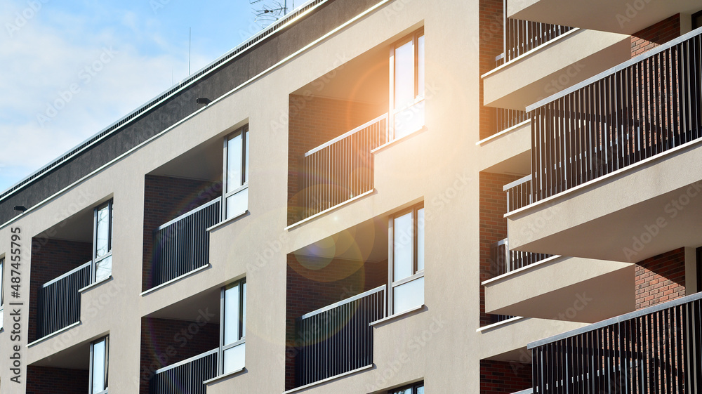 Abstract architecture, fragment of modern urban geometry,. Modern apartment building on a sunny day 