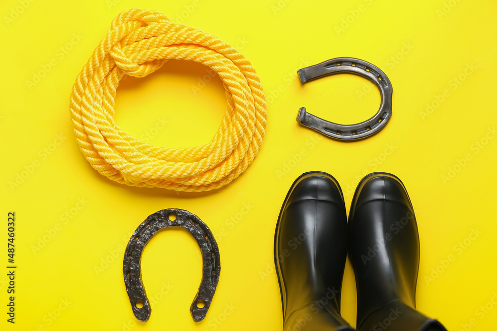 Boots with horseshoes and rope on color background