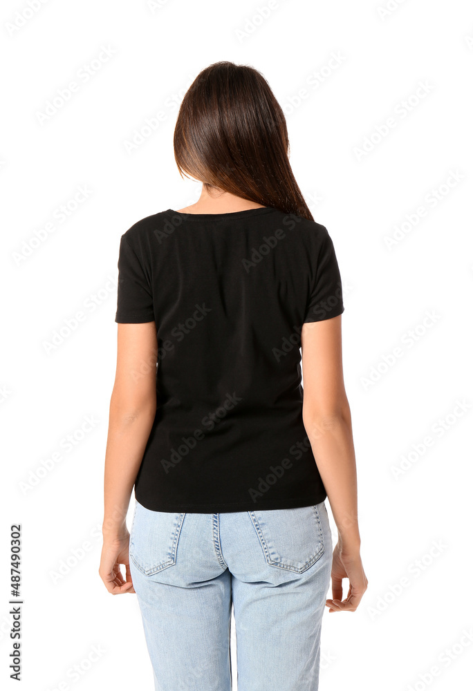 Young woman in blank t-shirt on white background, back view