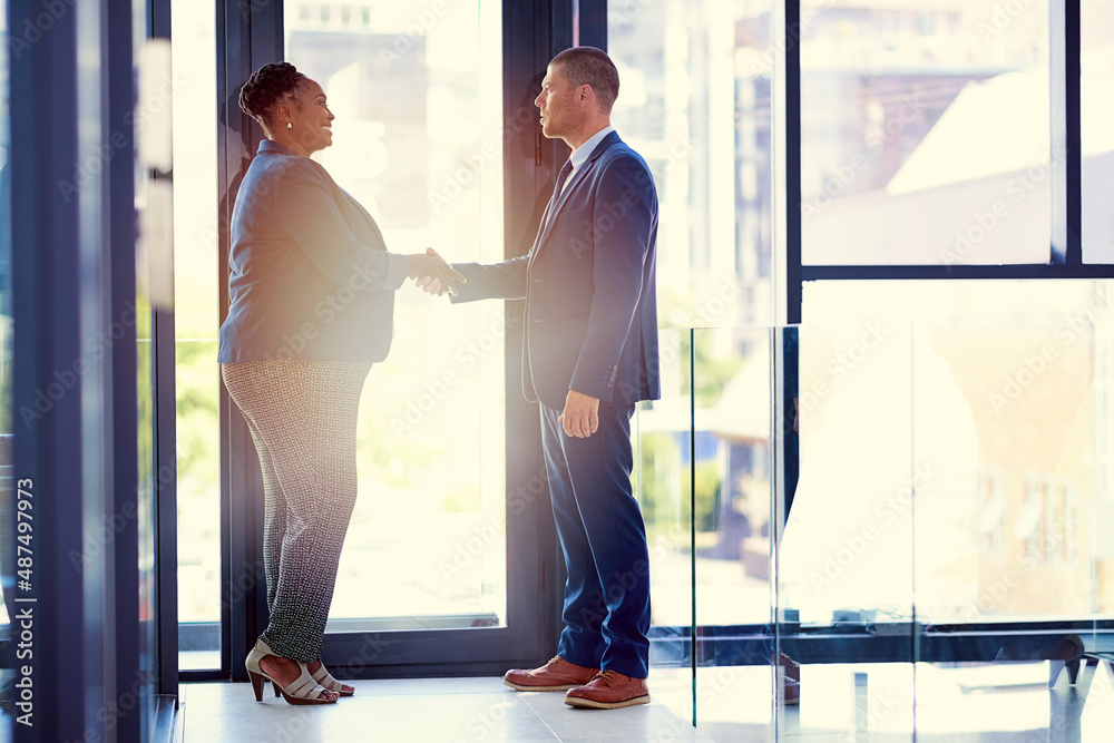 Mergers help to enhance the value of business. Shot of two businesspeople shaking hands in an office