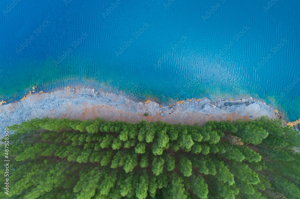 Aerial view of amazing pond in tropical rainforest forest with row of pine trees Beautiful water sur