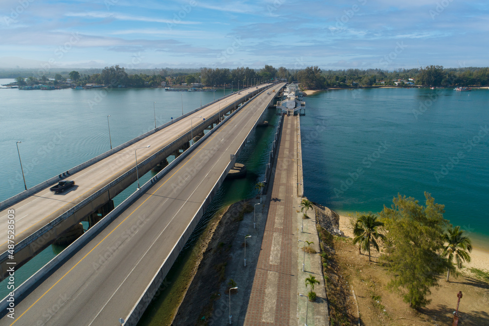 Aerial top view drone shot of bridge with cars on bridge road image transportation background concep