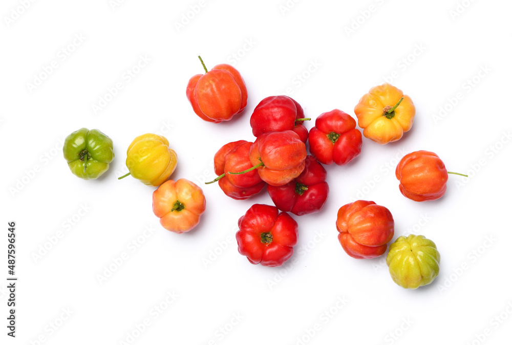 Flat lay of Acerola cherry isolated on white background.