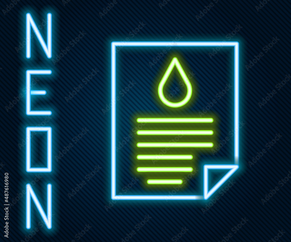 Glowing neon line Oil drop document icon isolated on black background. Colorful outline concept. Vec