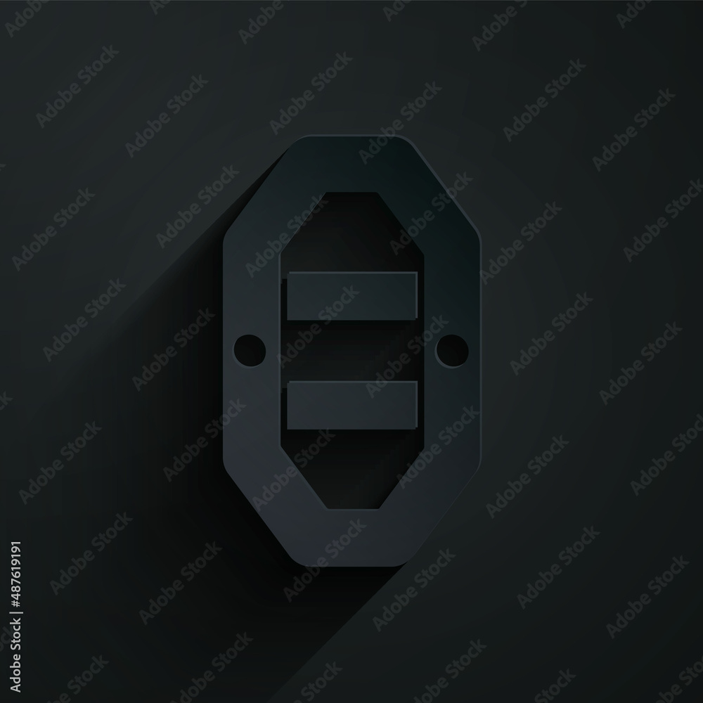 Paper cut Rafting boat icon isolated on black background. Inflatable boat with paddles. Water sports