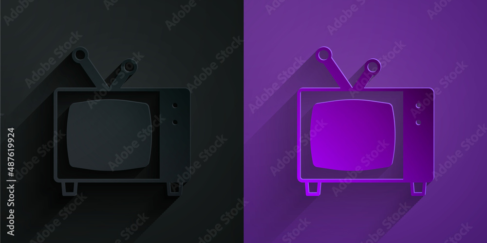 Paper cut Retro tv icon isolated on black on purple background. Television sign. Paper art style. Ve