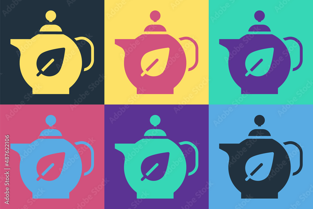 Pop art Teapot with leaf icon isolated on color background. Vector