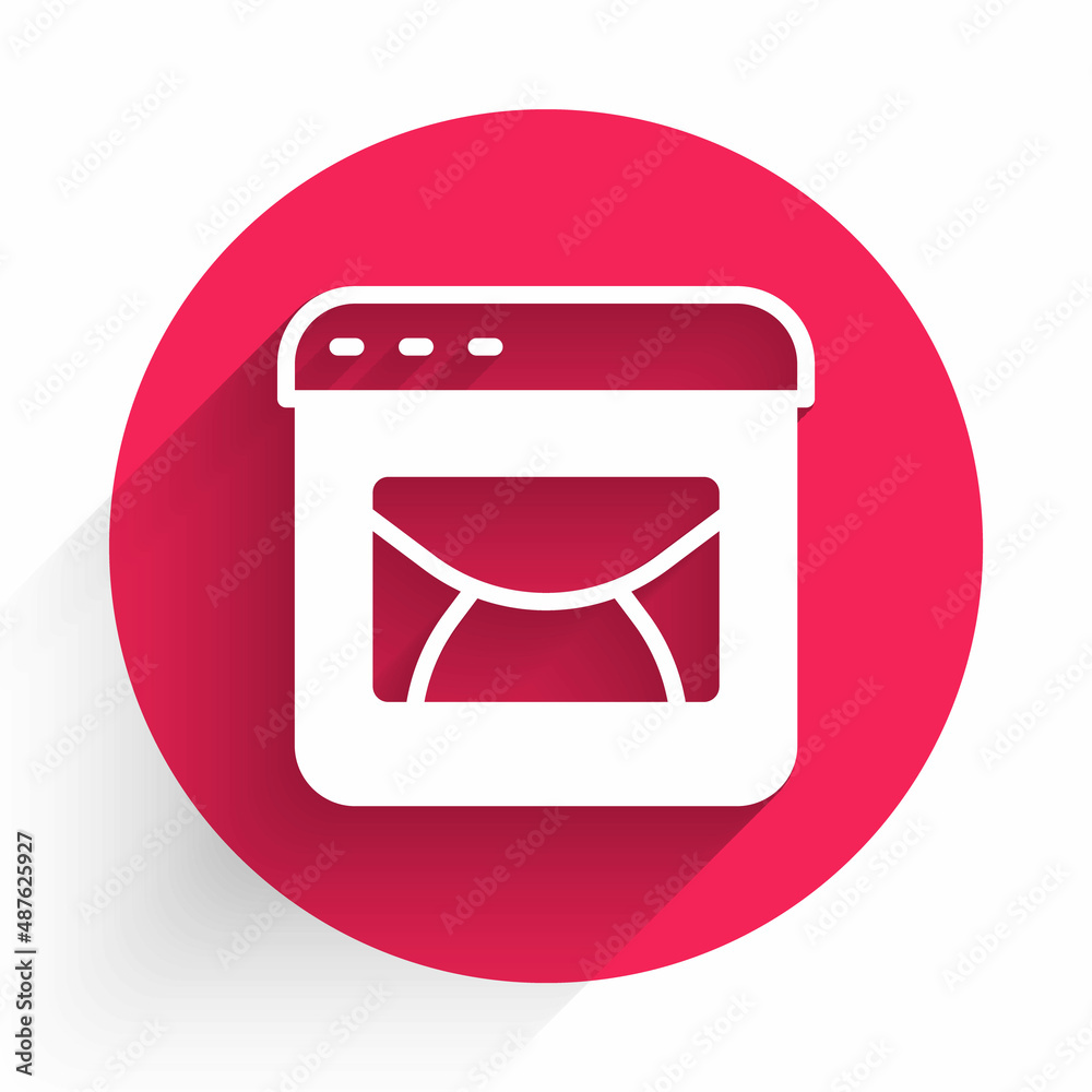 White Mail and e-mail icon isolated with long shadow background. Envelope symbol e-mail. Email messa